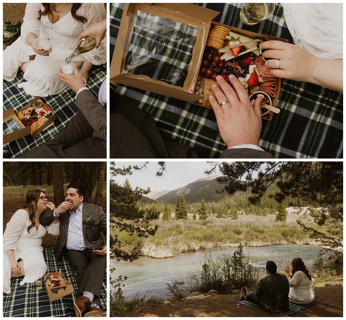 A couple enjoys a picnic along a river after their Breckenridge elopement.