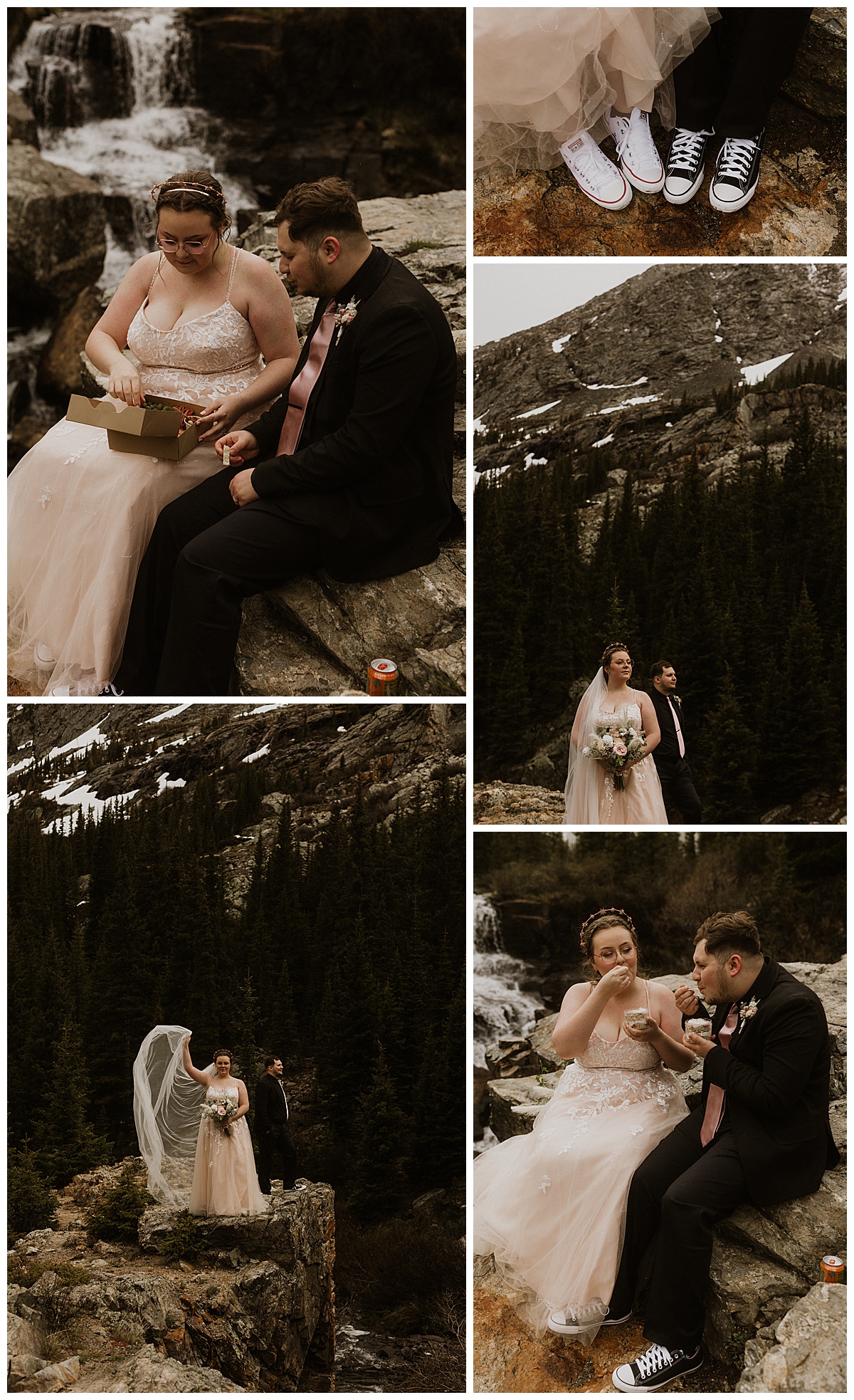 A couple poses for photos in the mountain as part of their Breckenridge hybrid elopement.