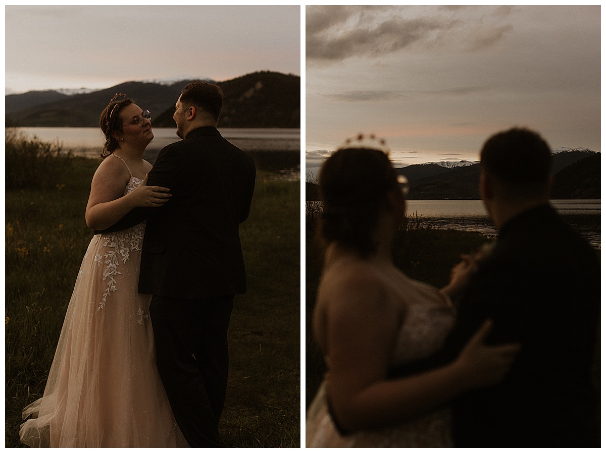 A couple shares a first dance at dusk as part of their Breckenridge hybrid elopement.