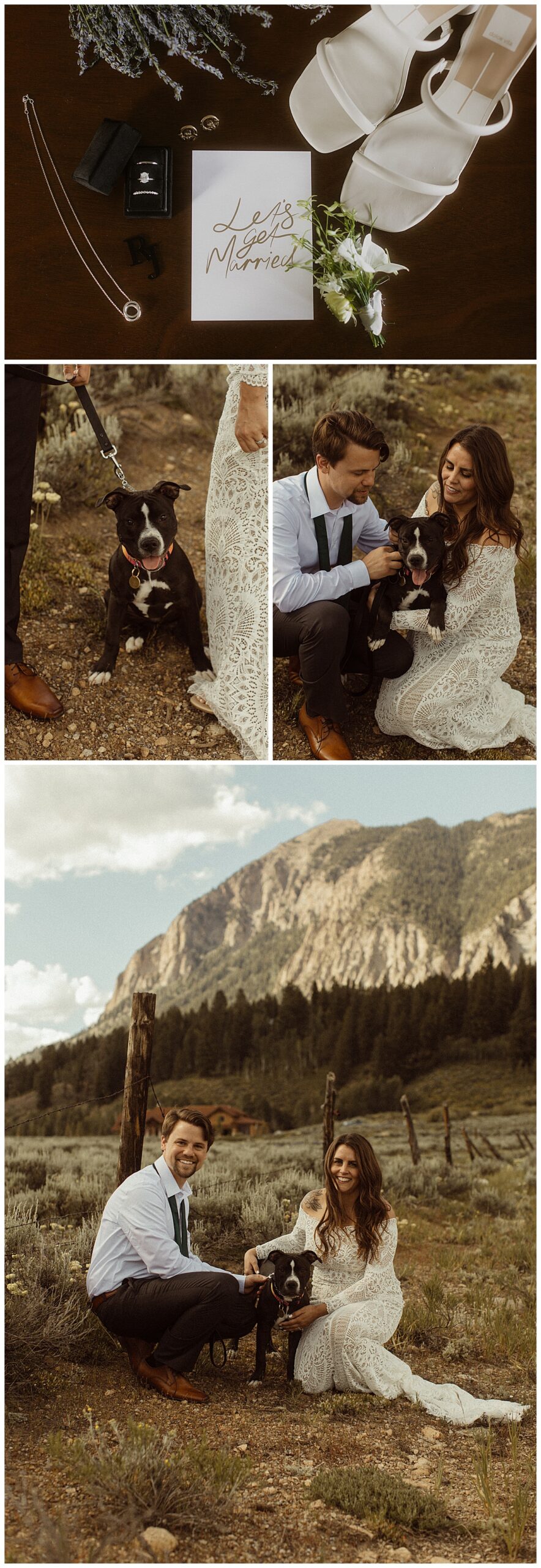 A couple takes photos with their dog before getting elopement tattoos