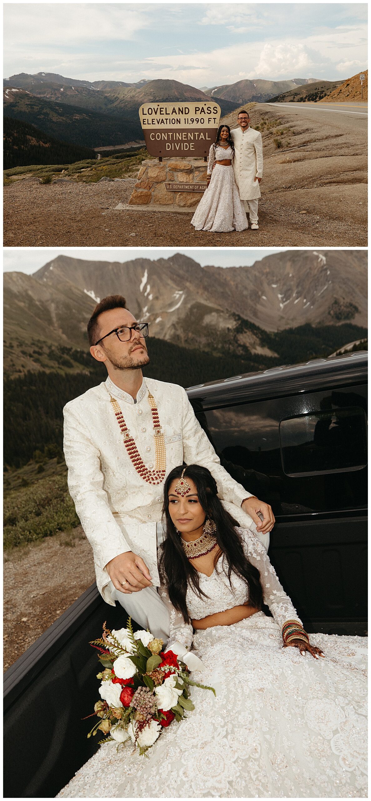 After eloping at Loveland Pass, a couple poses in front of the sign for the pass.