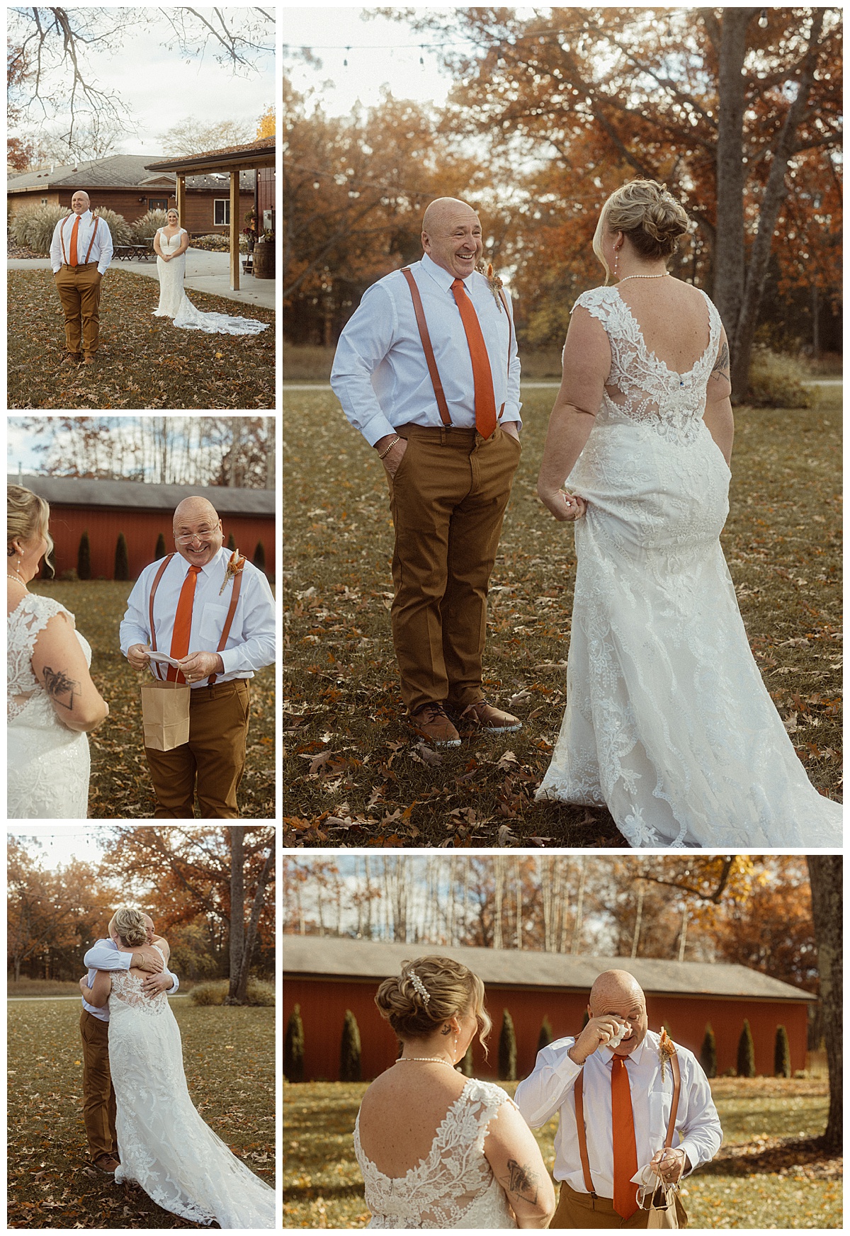 The bride's father cries during their first look before her wedding at The Barn at Higgins Lake.