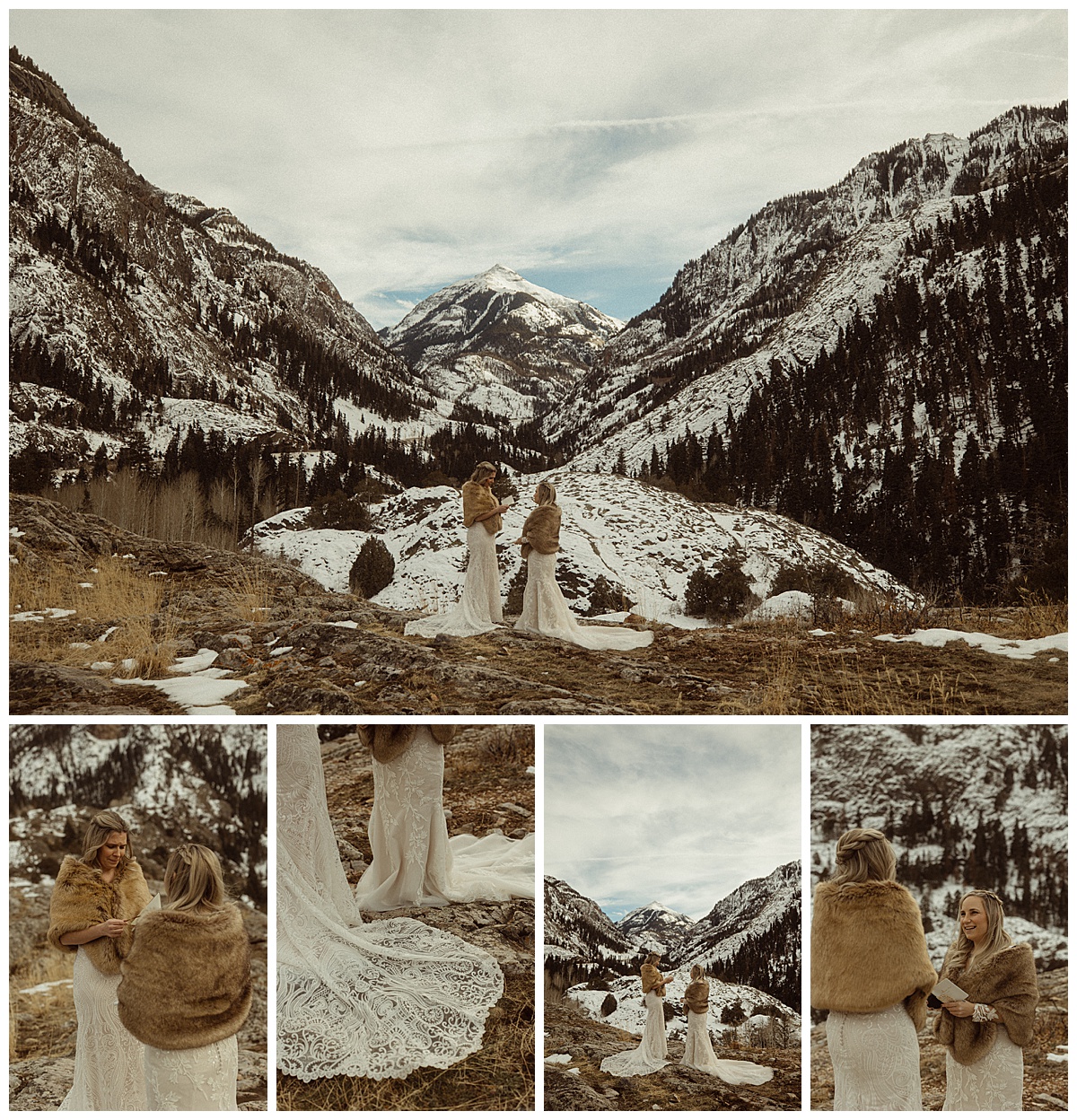 Two brides share vows during their winter elopement in Telluride.