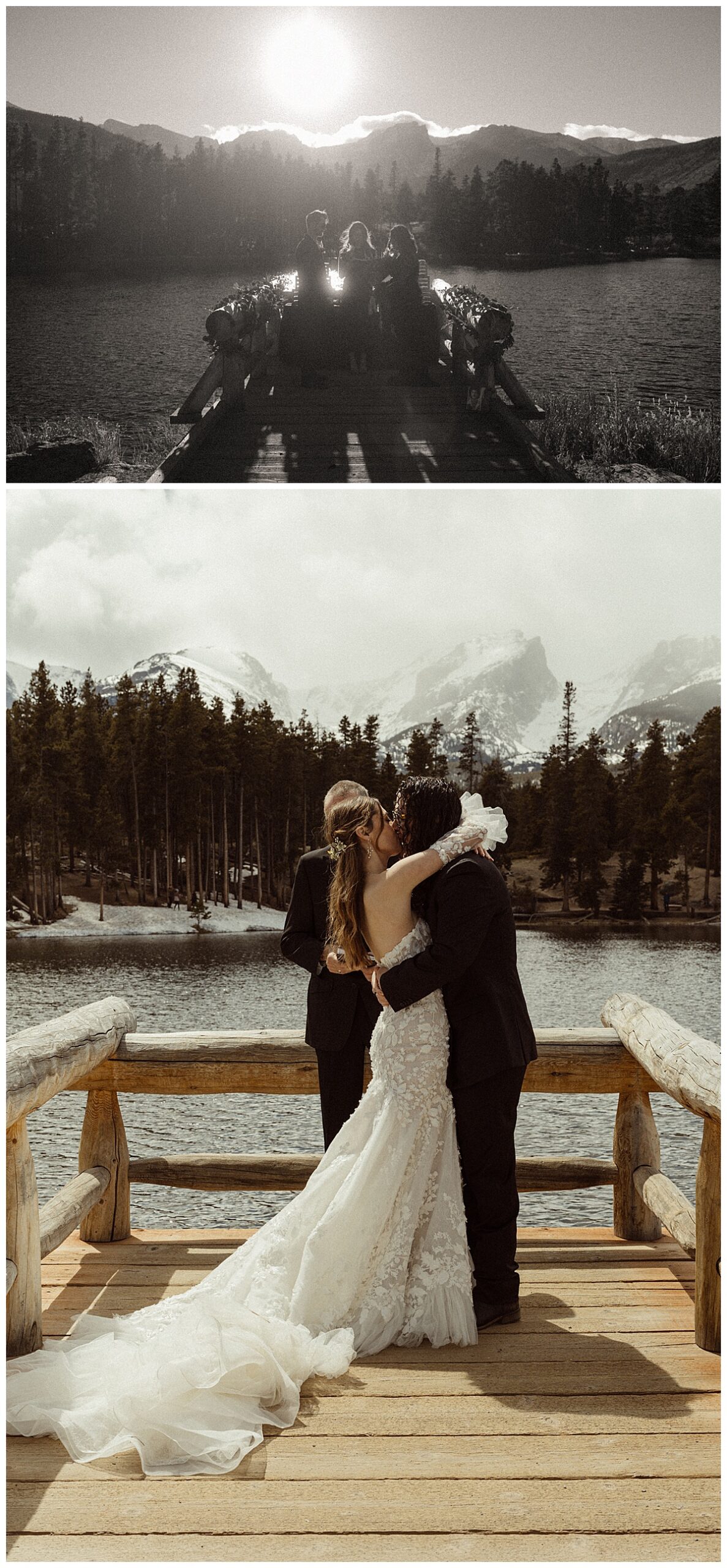 Two couples eloping at Rocky Mountain National Park on a bridge overlooking a lake.