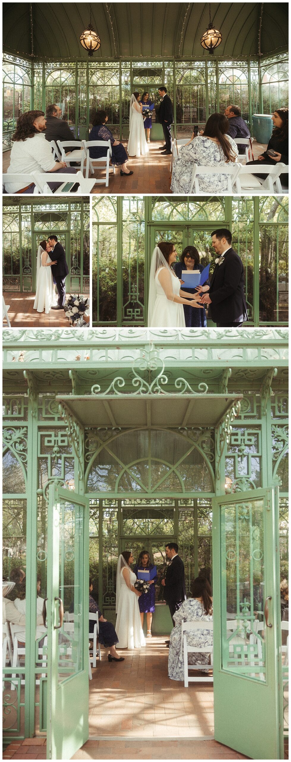 A couple says "I do" in the solarium at their Denver Botanic Gardens wedding.