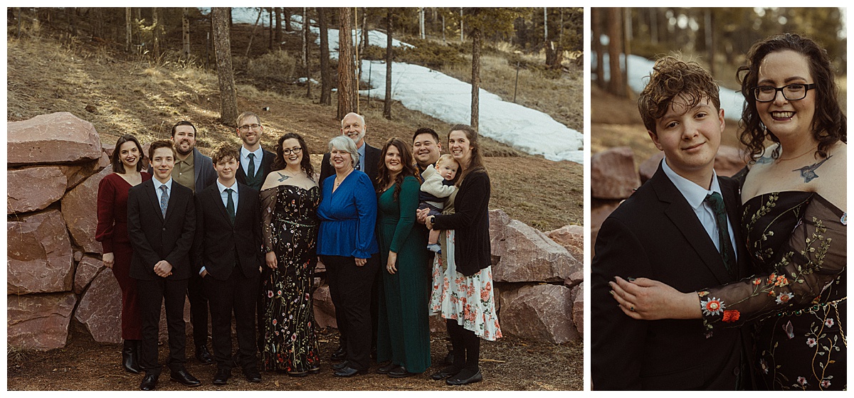 The bride poses with her family in her black wedding dress.