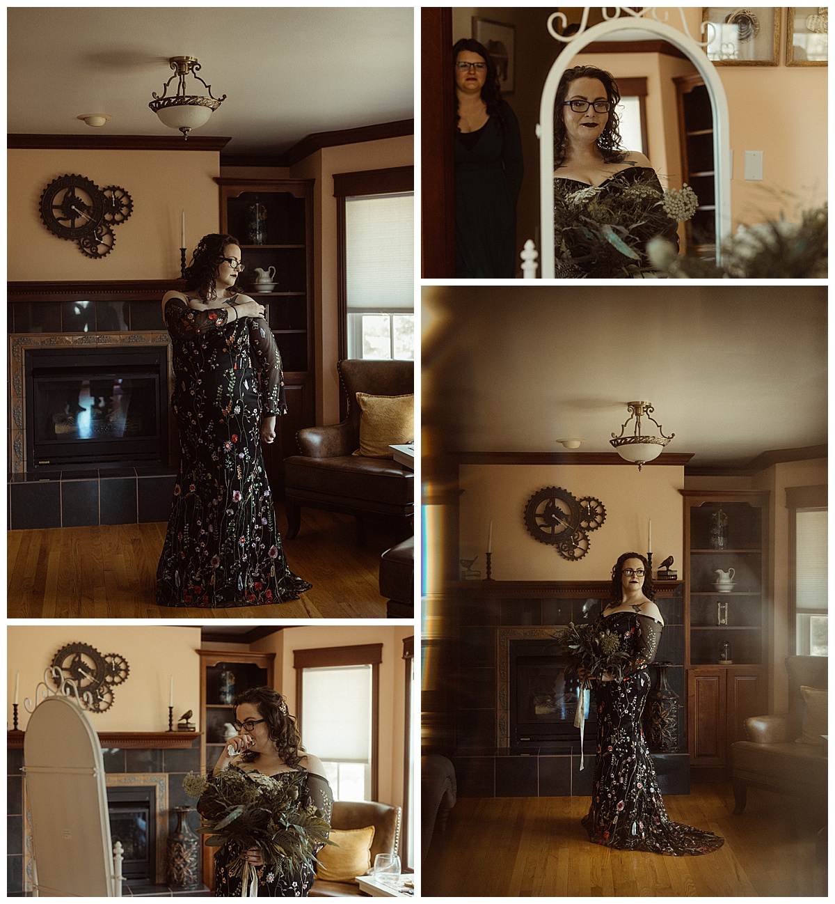 A bride looks at herself in her black wedding dress.