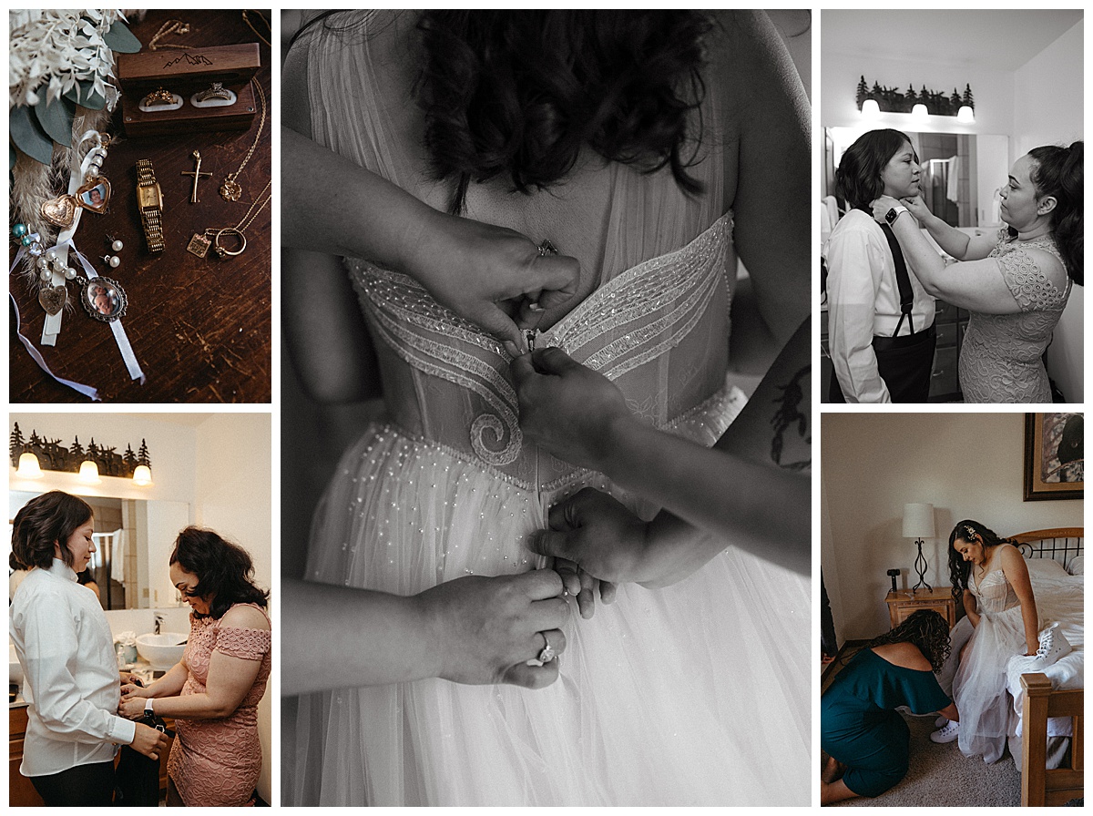 A couple gets ready before their small wedding at Loveland Pass.