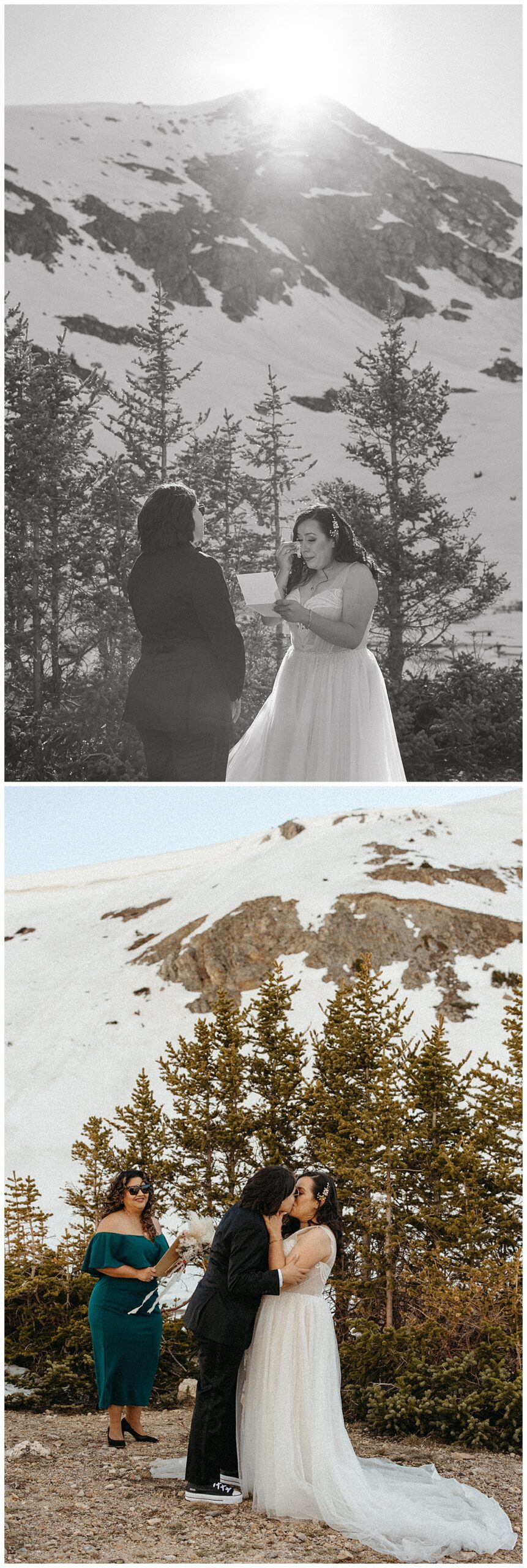 A couple shares their first kiss at their small wedding at Loveland Pass.