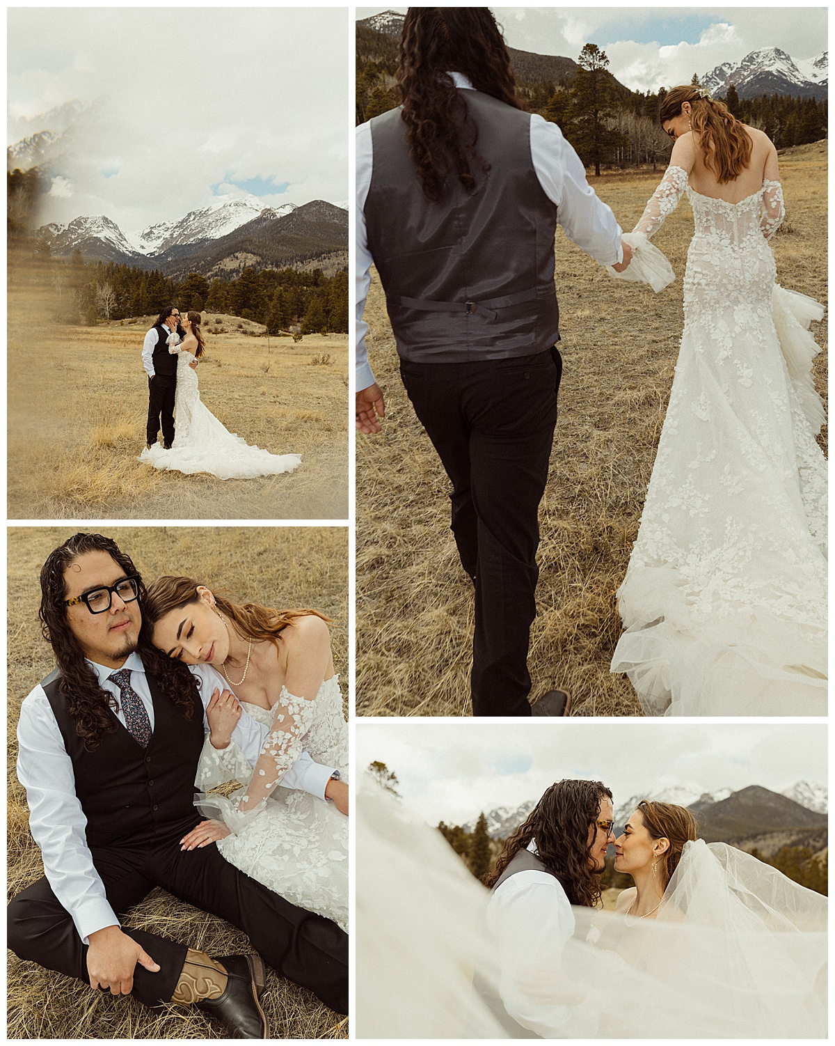 A couple poses in a field after their Rocky Mountain National Park spring elopement.