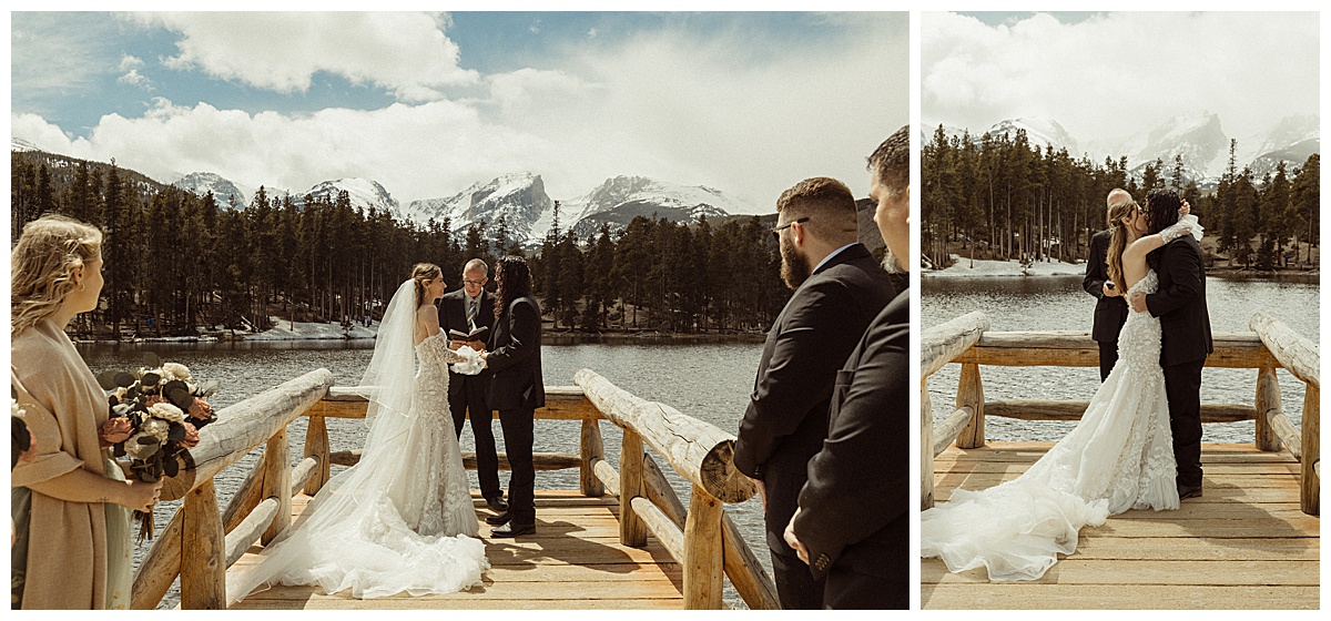 The couple's Rocky Mountain National Park spring elopement took place at Sprague Lake.