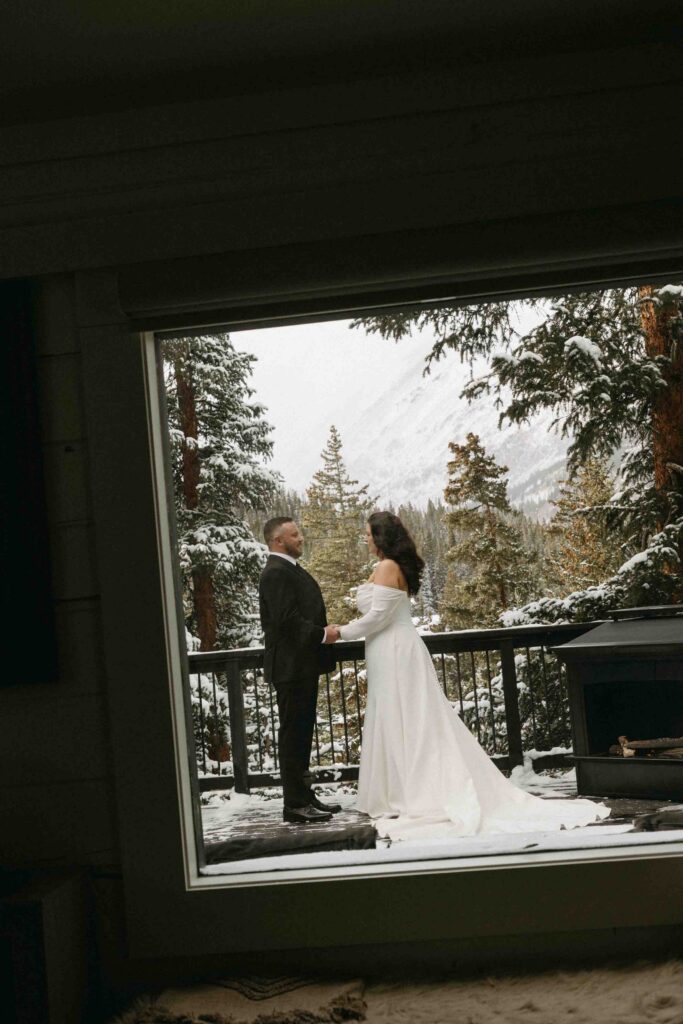 A bride and groom take a moment together before their wedding ceremony at a unique wedding venue in Colorado.