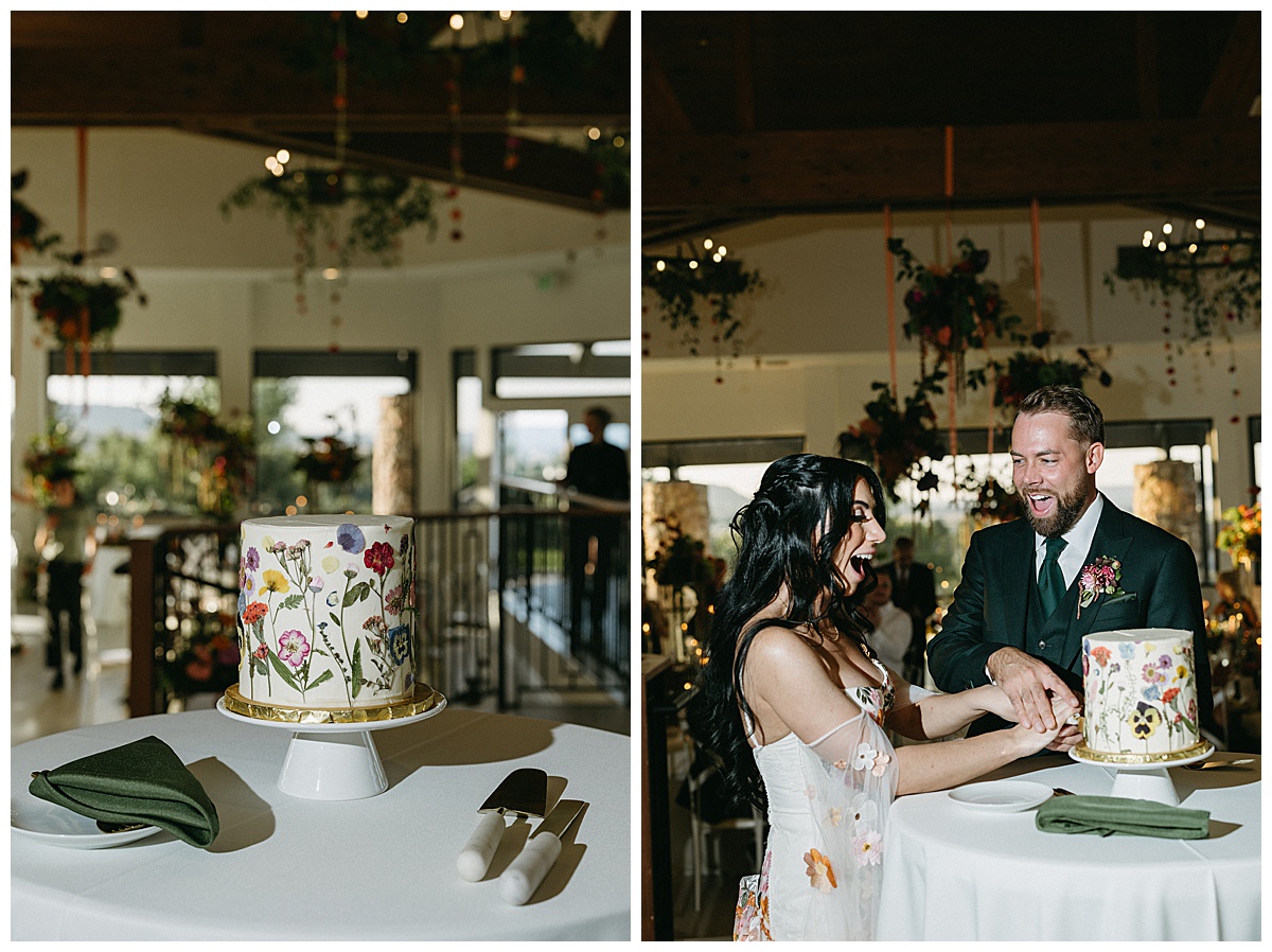 A couple cuts their cake during their wedding at The Oaks at Plum Creek.