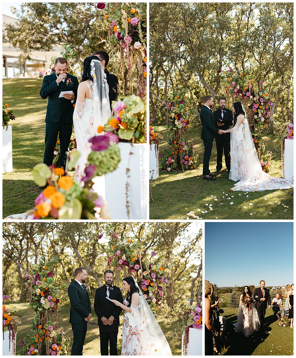 A couple shares vows during their wedding at The Oaks at Plum Creek.