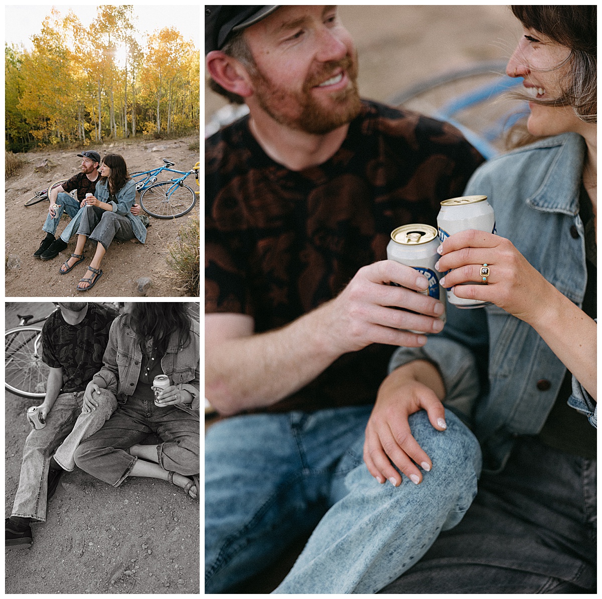 An engaged couple celebrating their proposal during a relaxed engagement photo session.