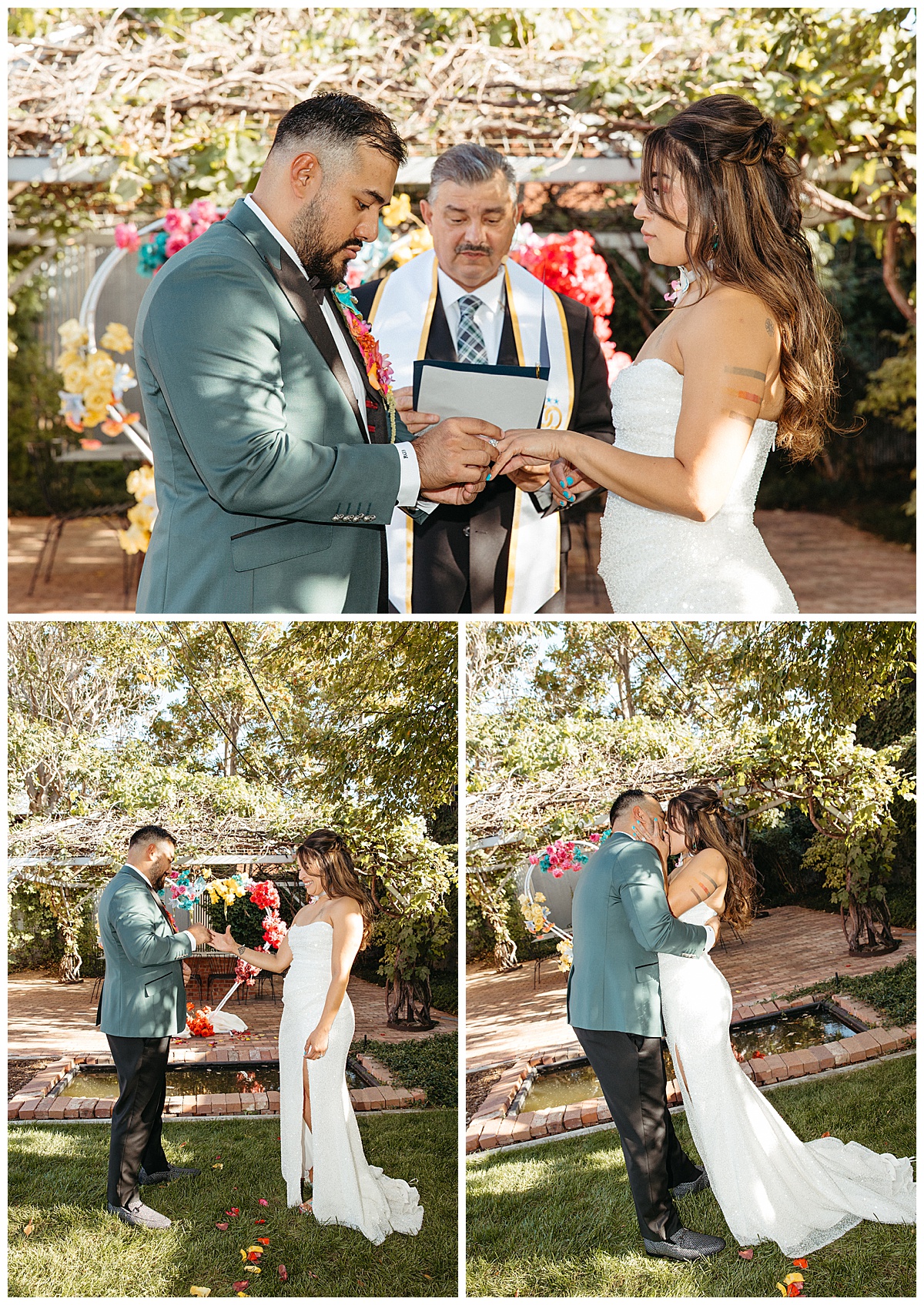 A couple shares their first kiss at their wedding at Blanc Denver.