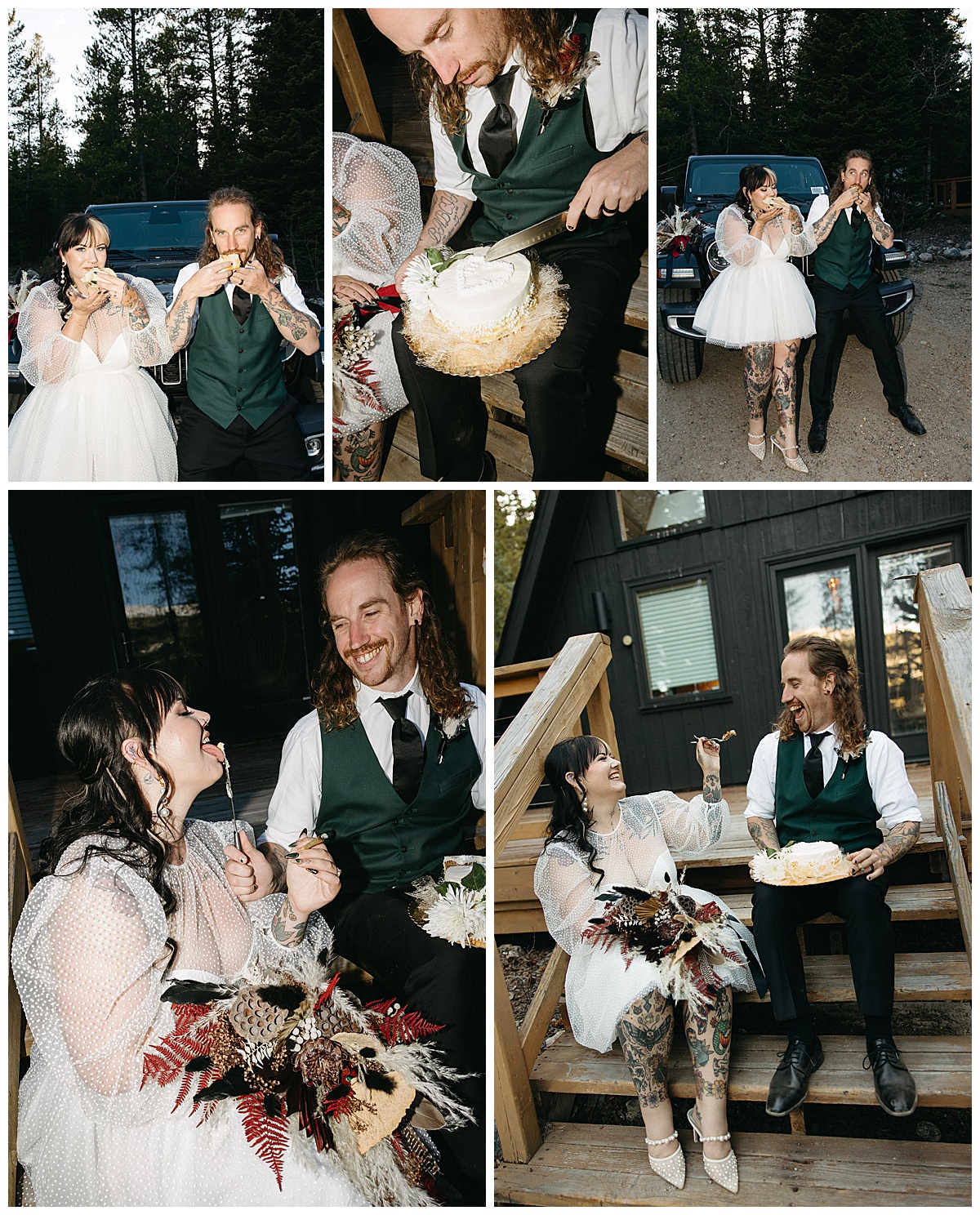 This couple cuts their wedding cake for their A-frame elopement.