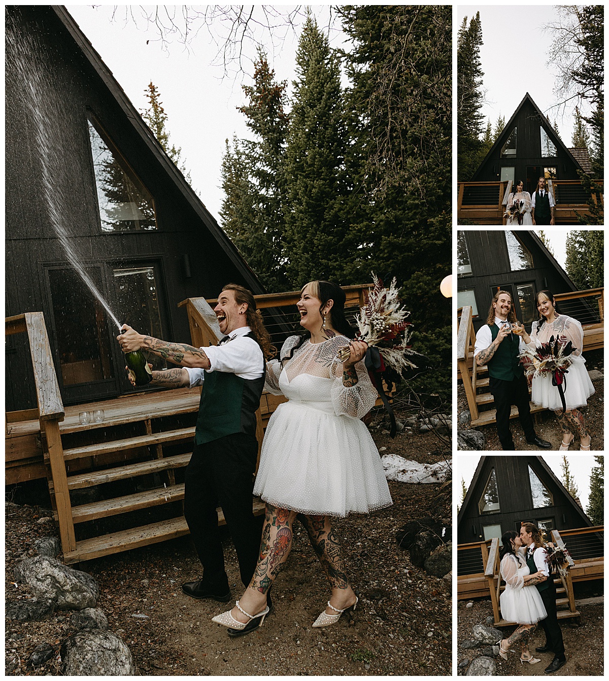 An A-frame elopement gives couples privacy to share special moments, like popping champagne.