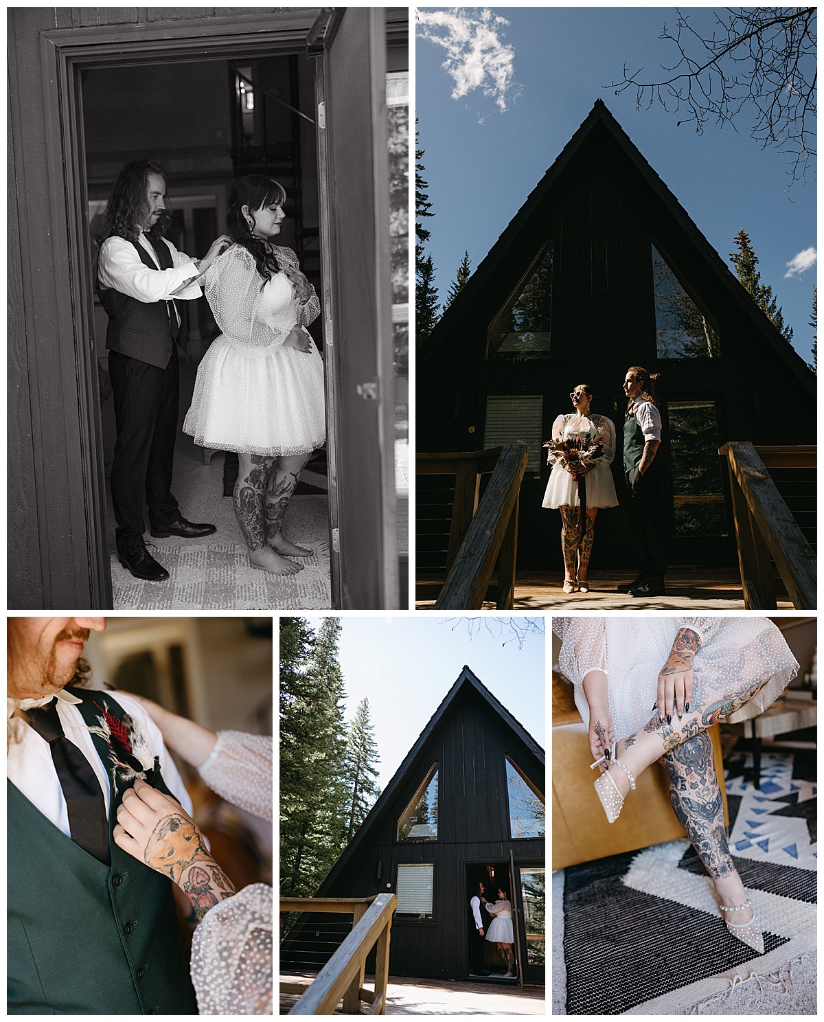 A couple gets ready for their A-frame elopement together.