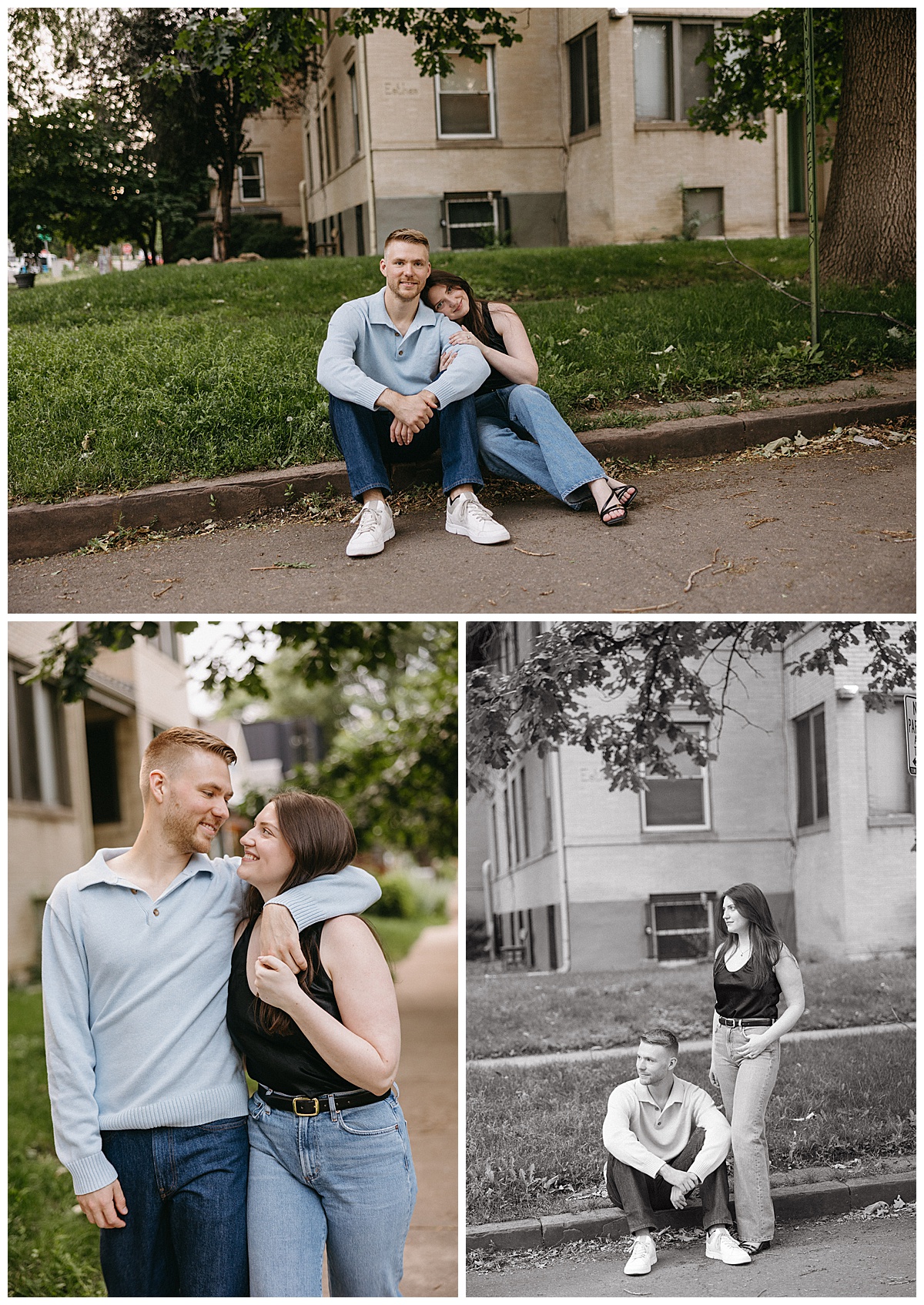 A couple sits on a curb during their neighborhood engagement pictures.