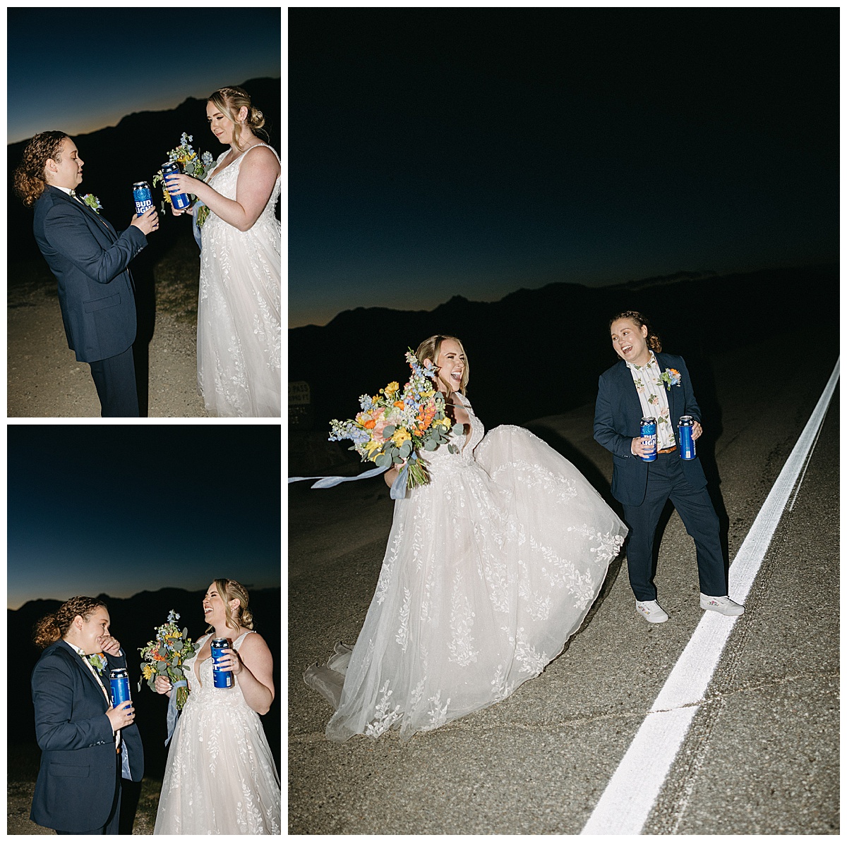 The couple toasted with beer after their sapphic mountain elopement.