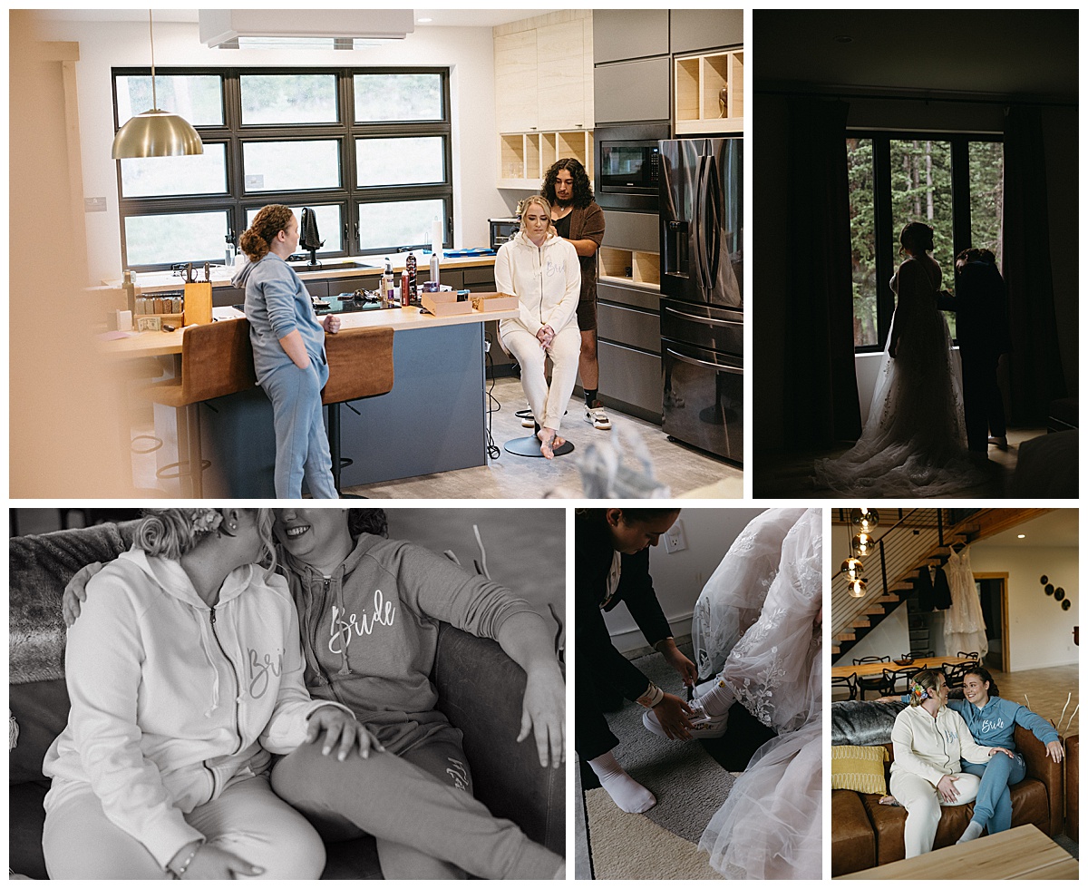 This couple got ready together before their sapphic mountain elopement.