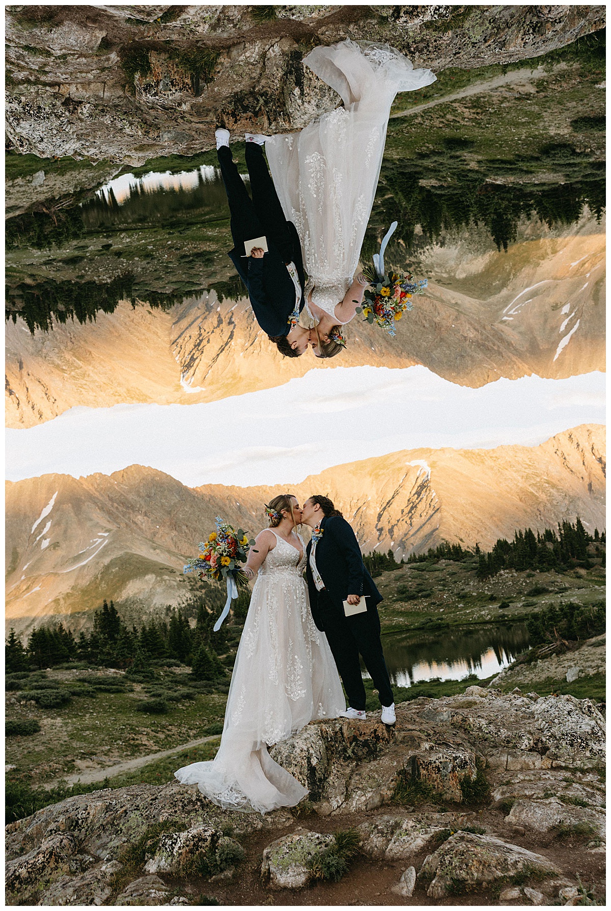 A couple shares a sunset kiss during their sapphic mountain elopement.