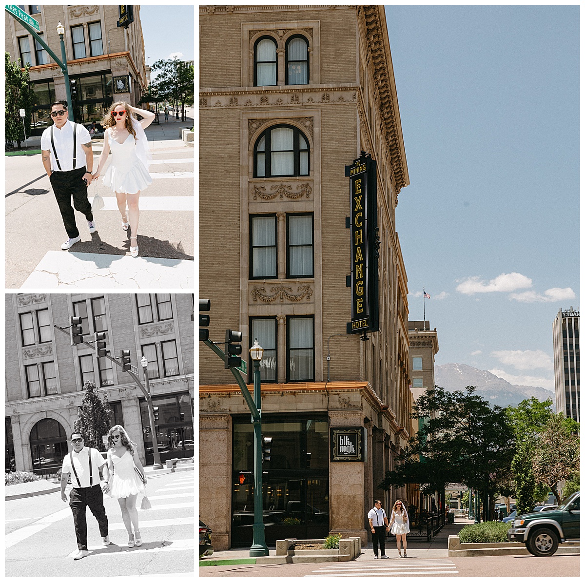 Stylish courthouse wedding couple walking downtown Colorado Springs.