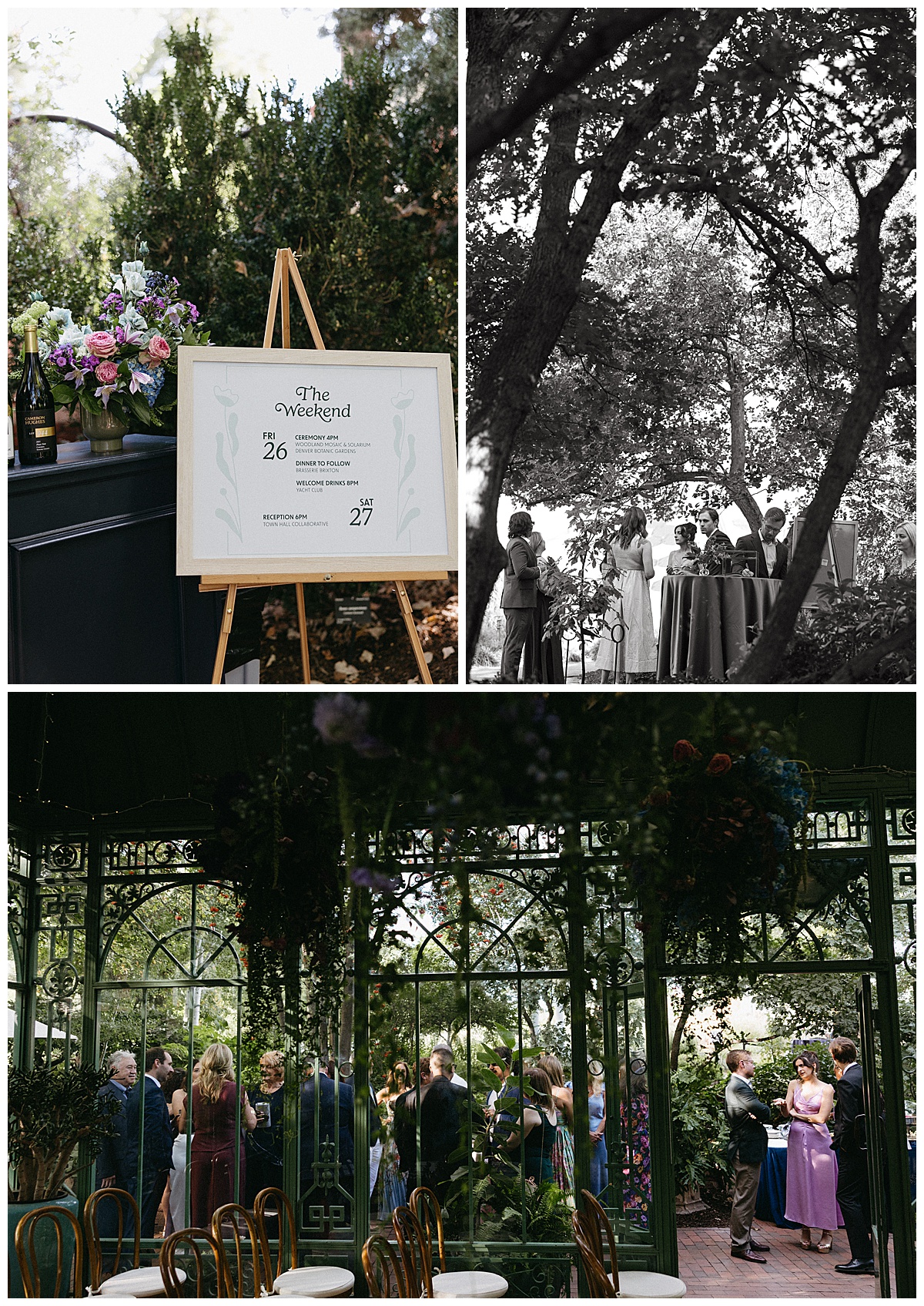 Guests enjoying cocktail hour outside the solarium at Denver Botanic Gardens
