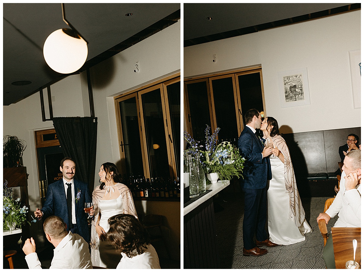 Drake and Sarah celebrating with friends during their wedding dinner at Brasserie Brixton