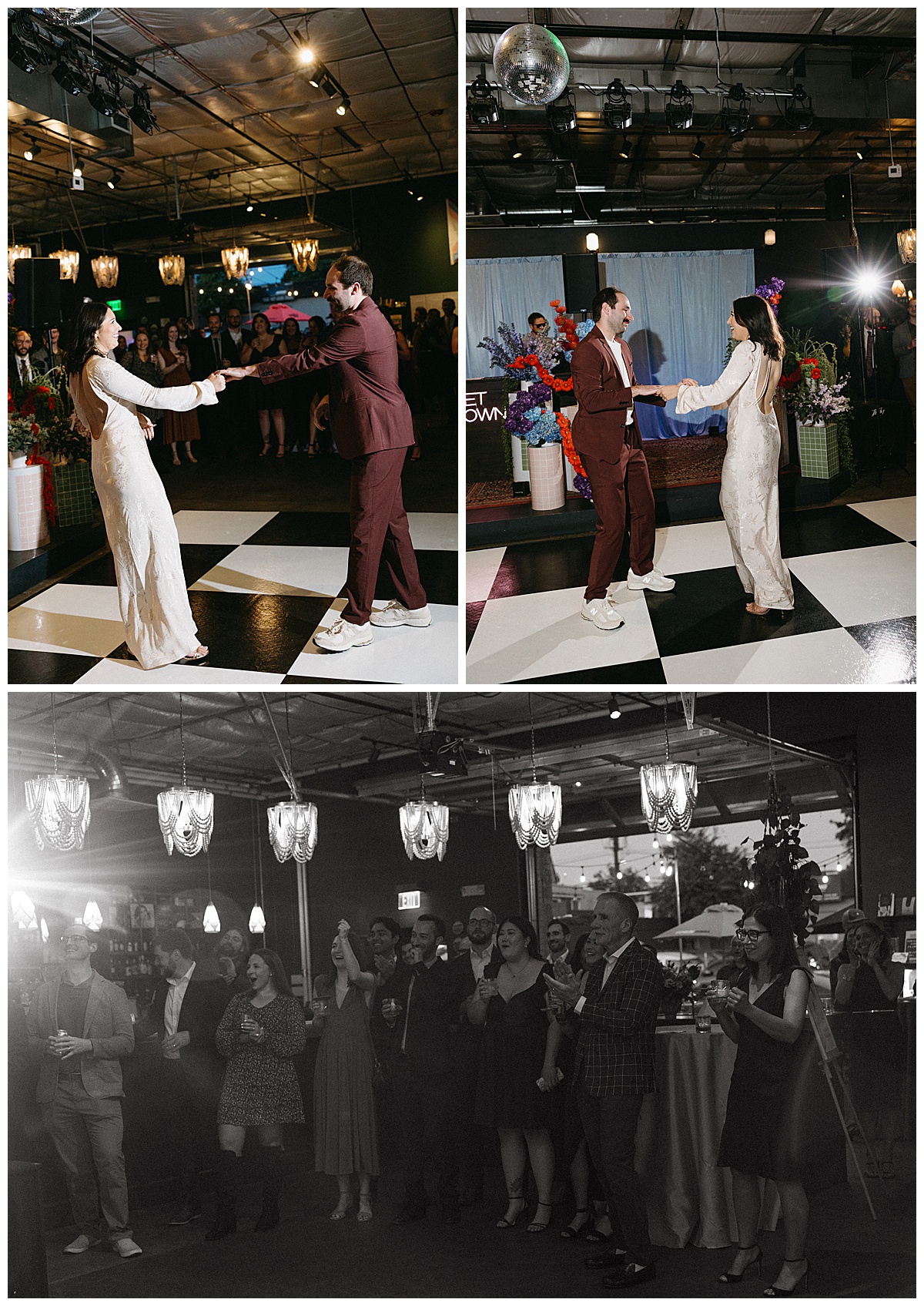 Couple sharing a moment together on the dance floor during their Town Hall Collaborative reception celebration.