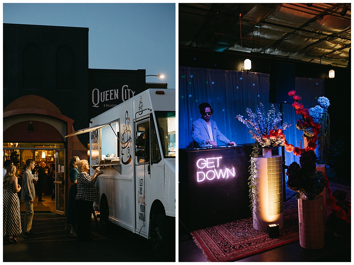 Wedding reception dance party with DJ and guests celebrating at Town Hall Collaborative.
