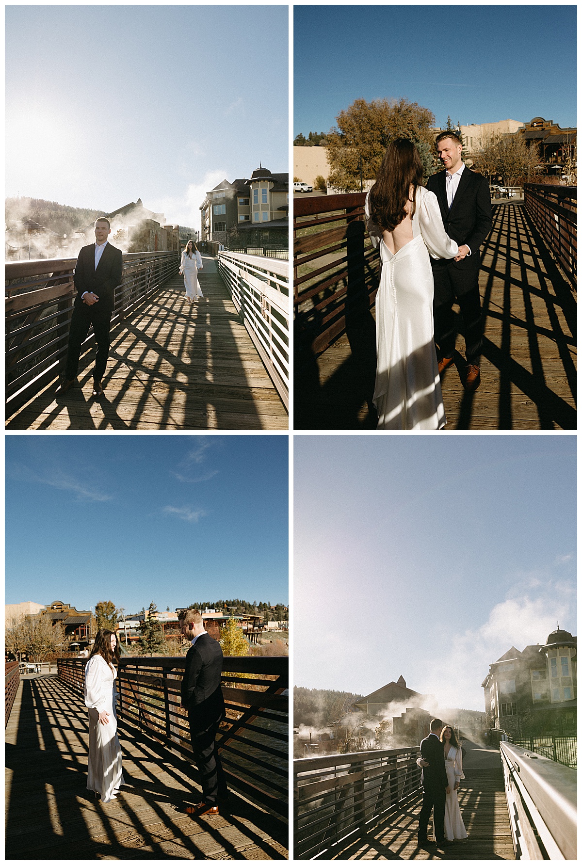 Couple sharing a first look surrounded by steam from the hot springs at The Springs Resort