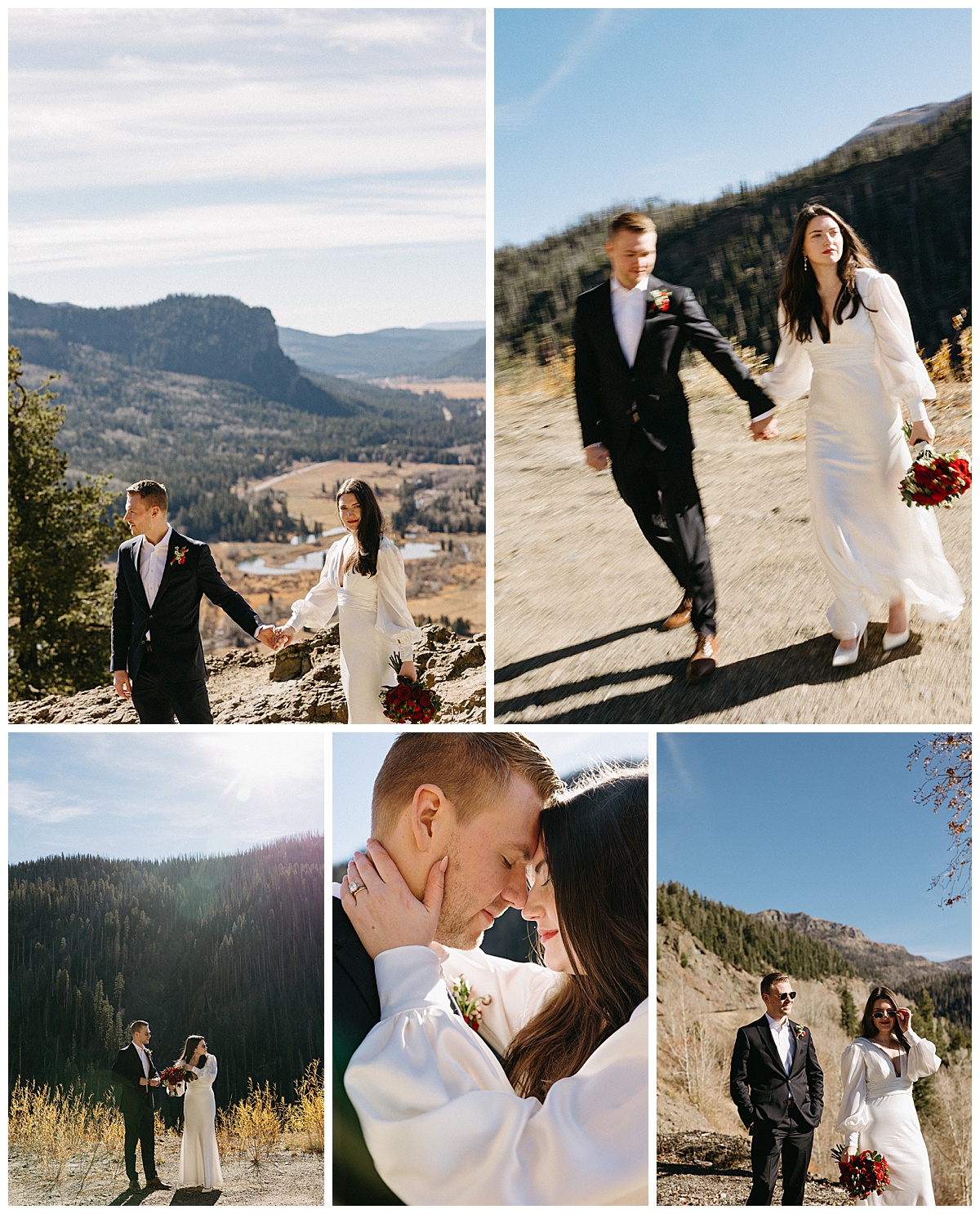 Bride and groom standing on a mountain pass with views near Pagosa Springs, Colorado