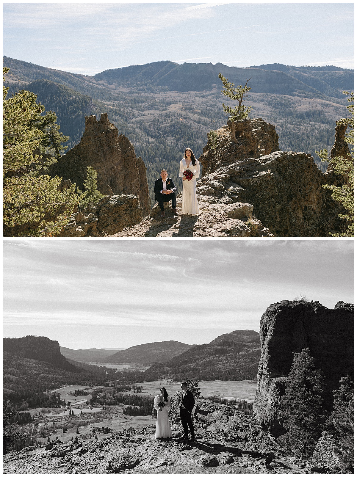 Scenic wedding portraits overlooking the mountains during a Pagosa Springs wedding