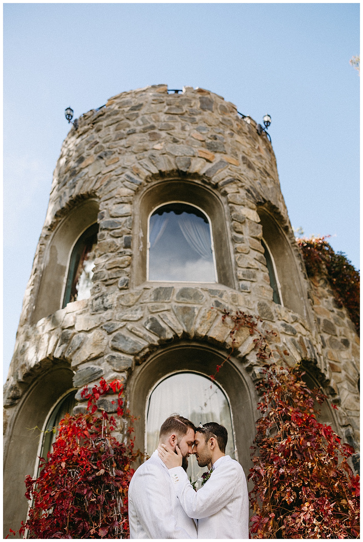 Stone castle exterior during a Dunafon Castle wedding in Bear Creek Canyon