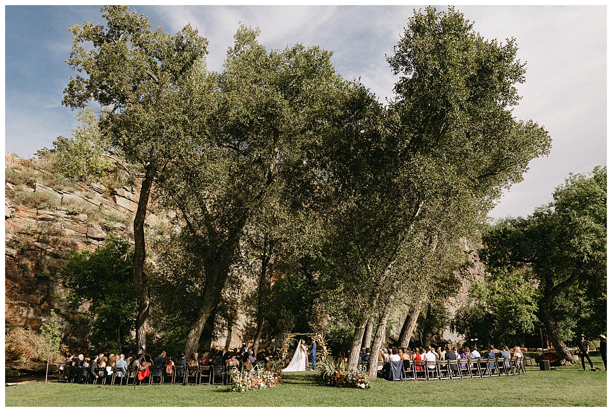Fall wedding at Planet Bluegrass with mountain views and live band reception