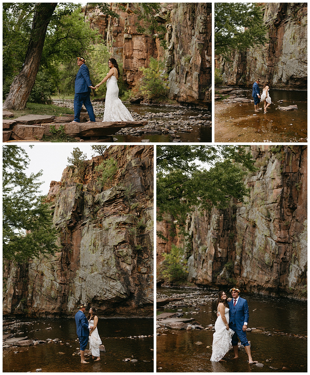 Brian and Lauren stepping away by the river during their wedding at Planet Bluegrass