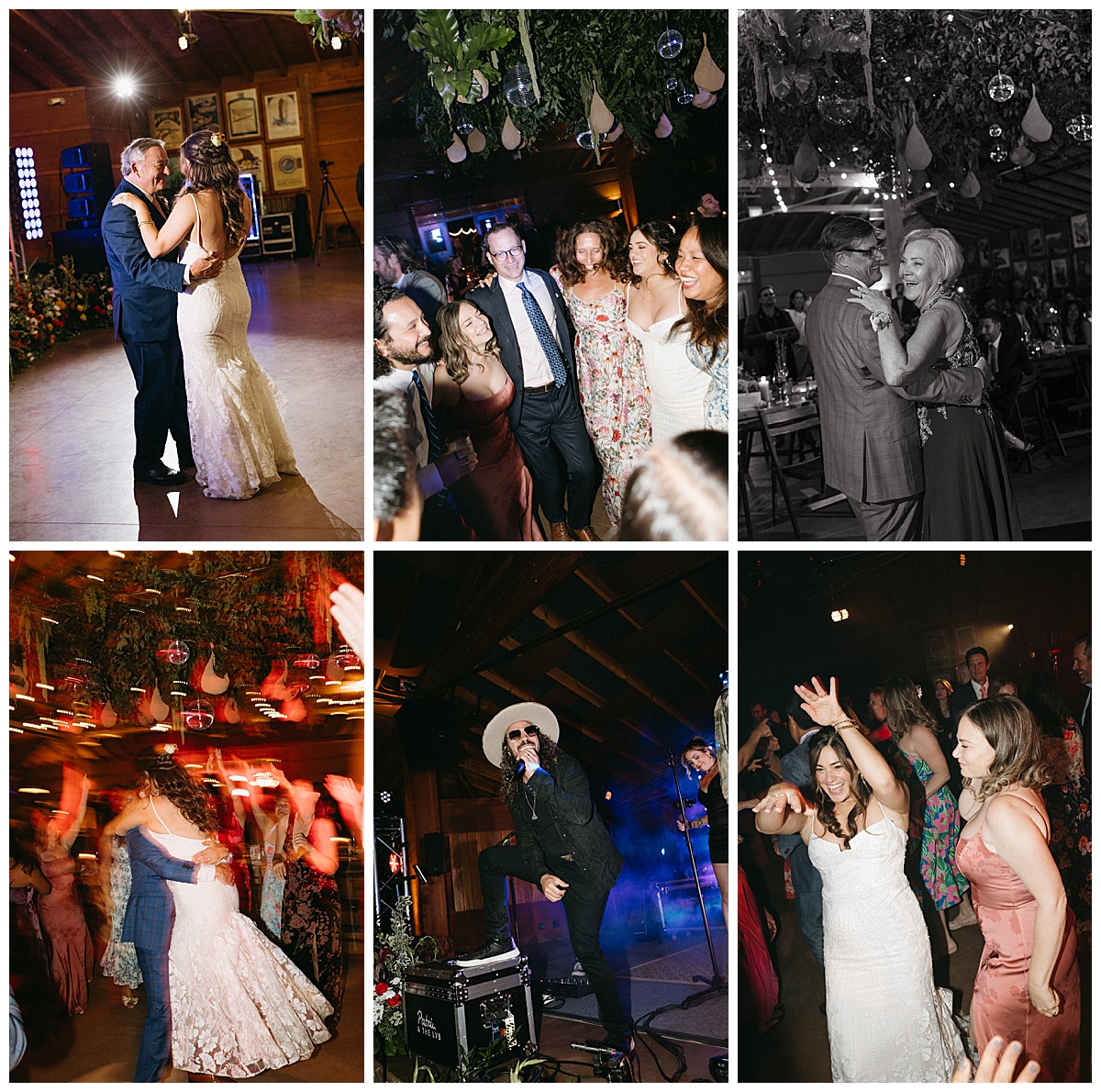 Guests dancing under string lights during a wedding at Planet Bluegrass