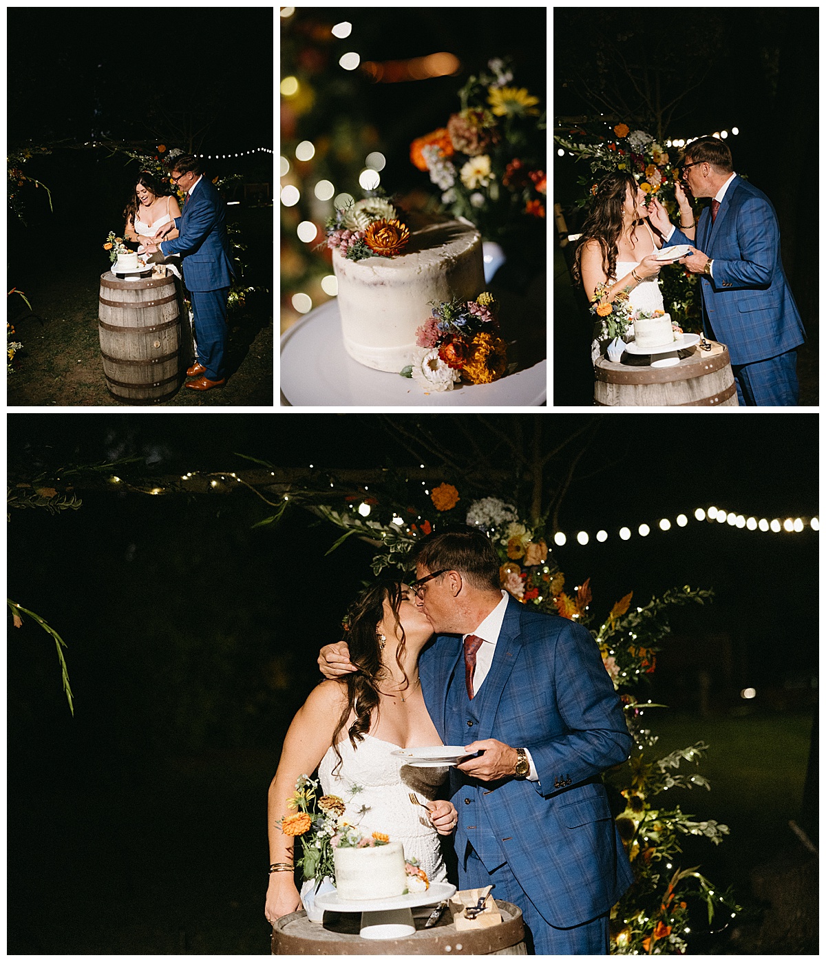 Couple cutting their cake outside at night during a wedding at Planet Bluegrass