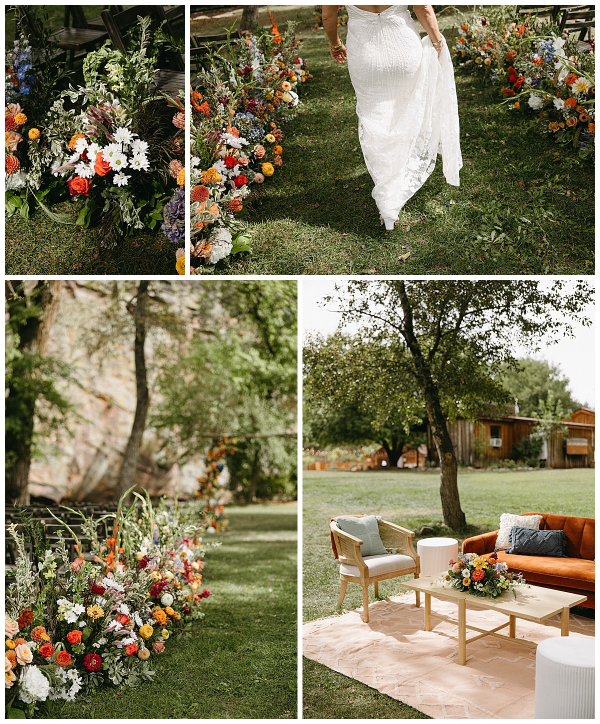 Outdoor ceremony setup with wildflower florals during a wedding at Planet Bluegrass