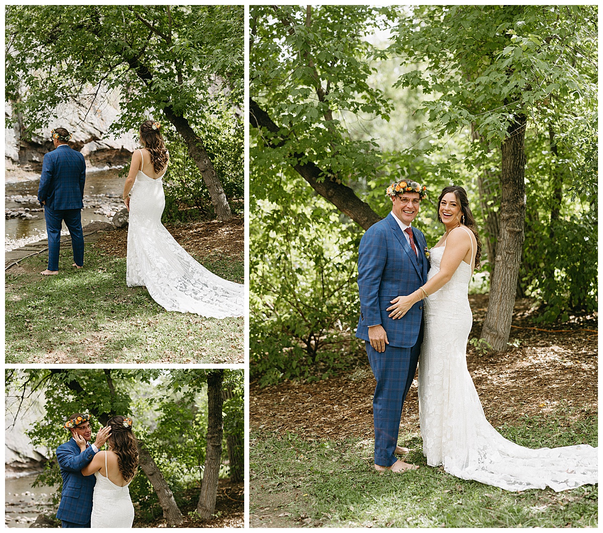 Lauren and Brian sharing a first look by the river during their wedding at Planet Bluegrass