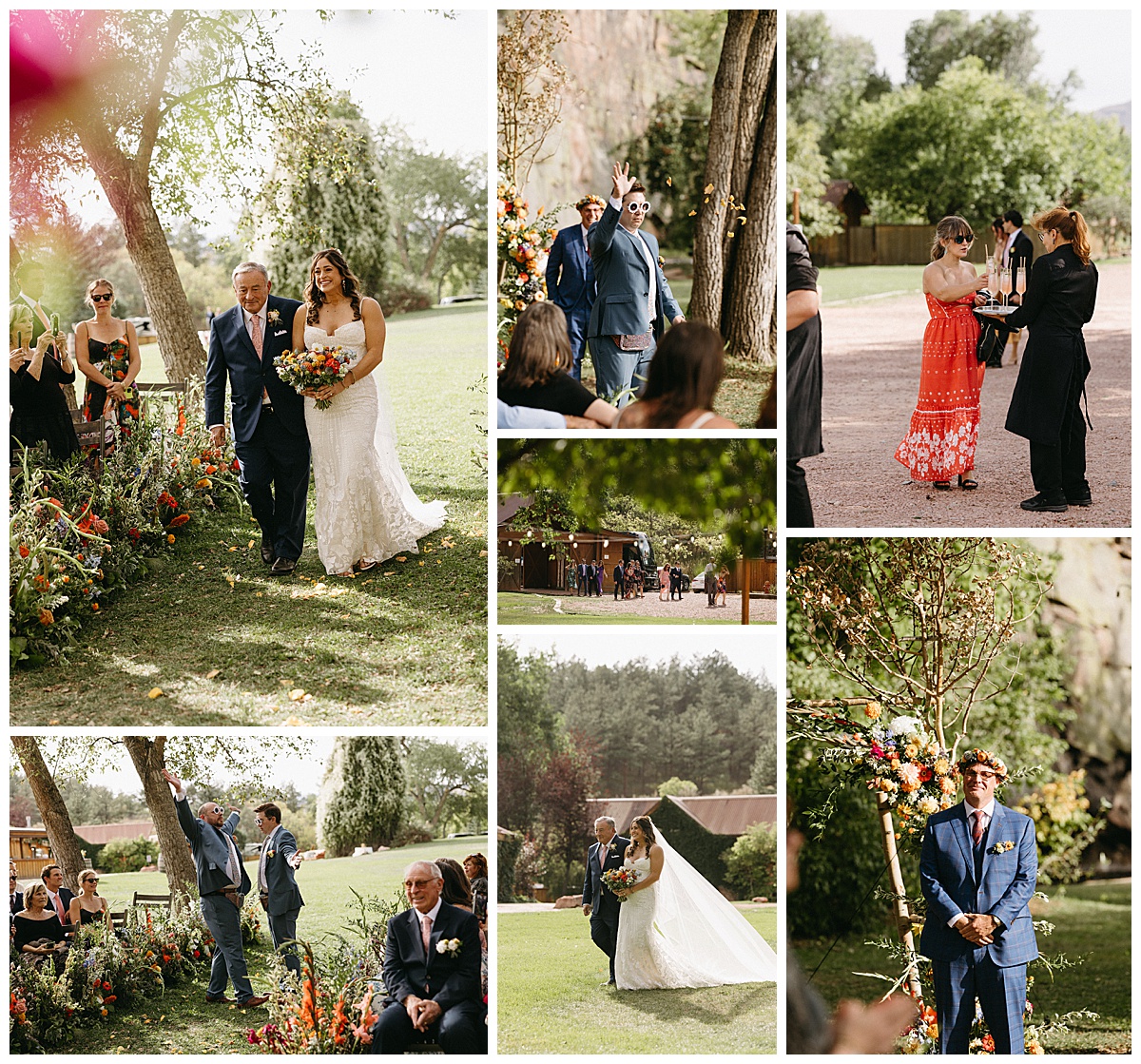 Guests arriving with drinks before the ceremony at a wedding at Planet Bluegrass